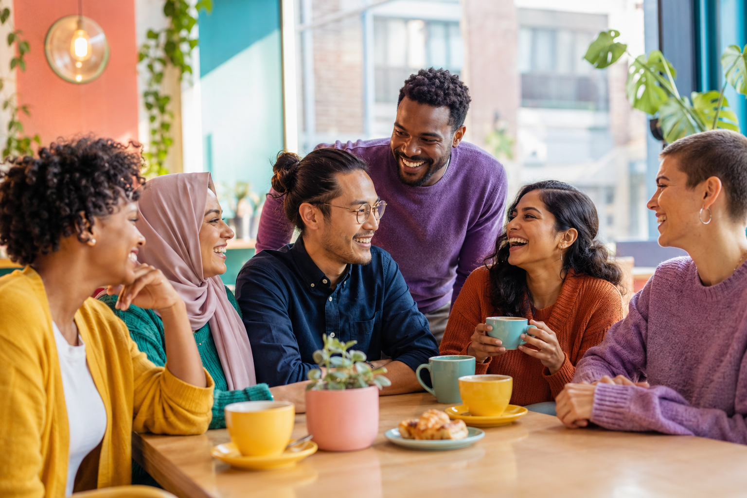 A diverse group of friends talking in a colorful café